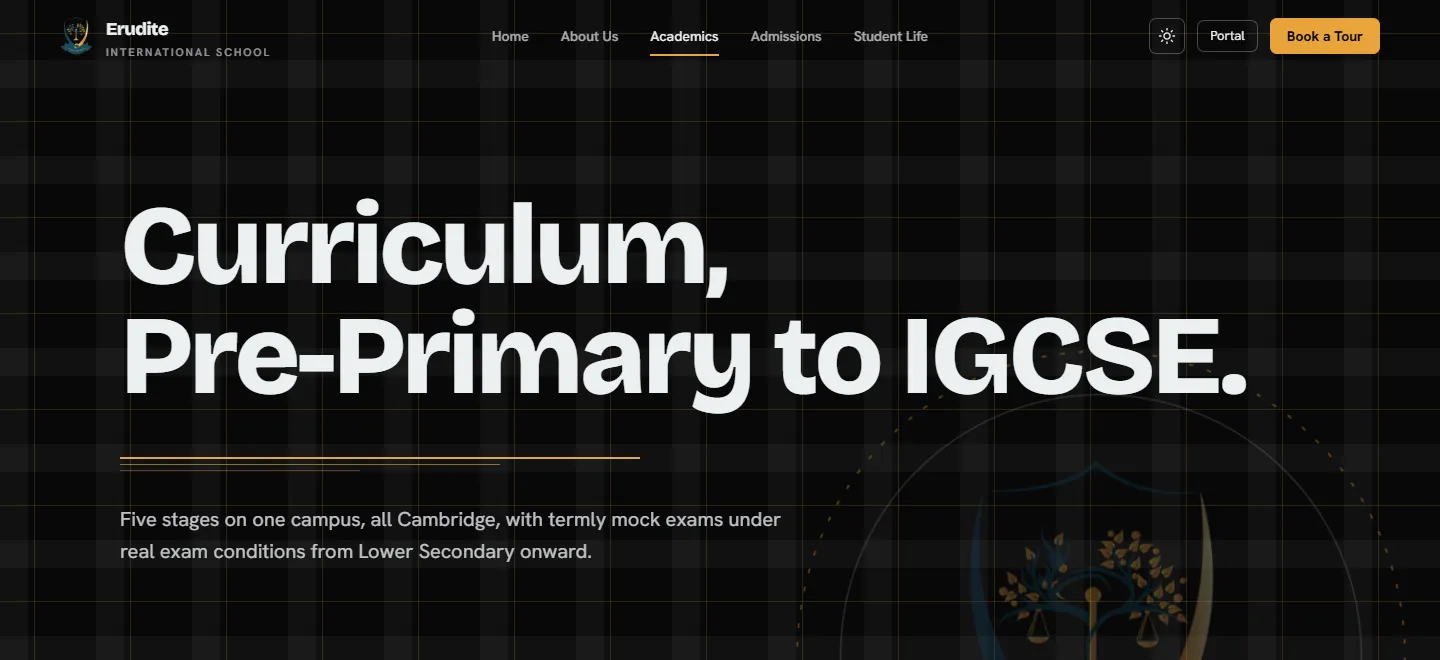 Erudite academics page: Curriculum, Pre-Primary to IGCSE.