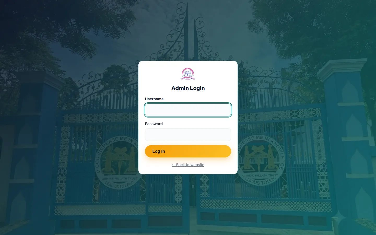 Hidhayath School admin login screen.