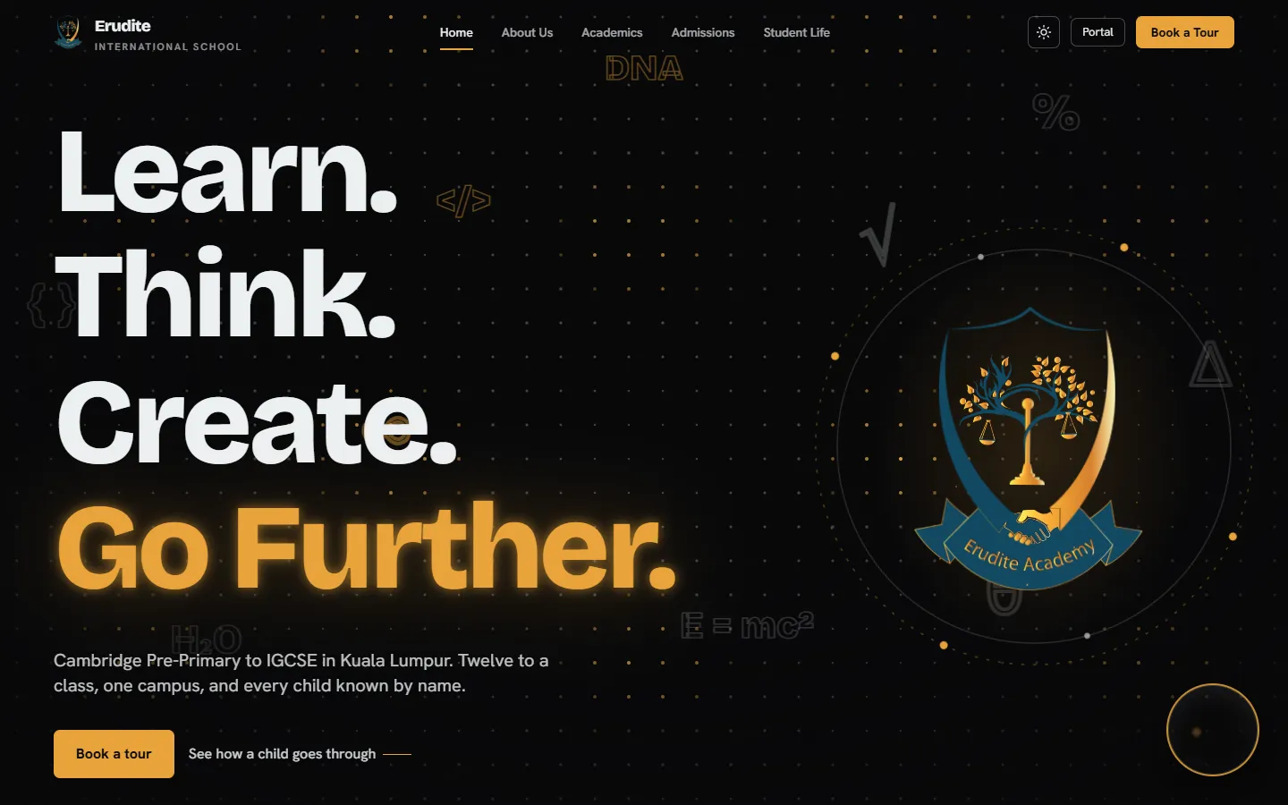 Erudite International School home page with the school crest and the line Learn. Think. Create. Go Further.
