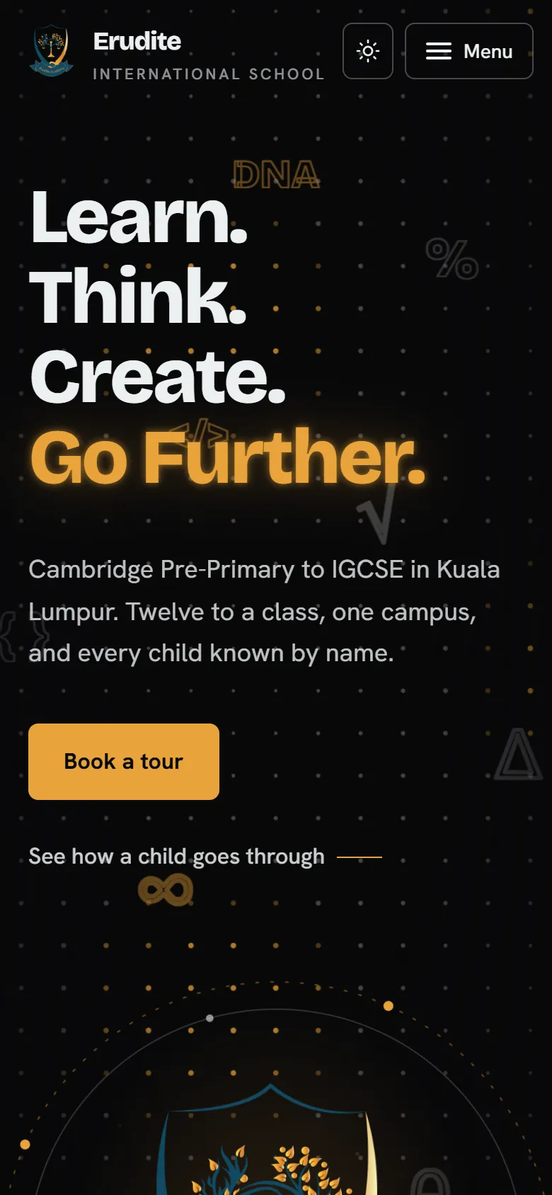 Erudite International School home page on a phone.