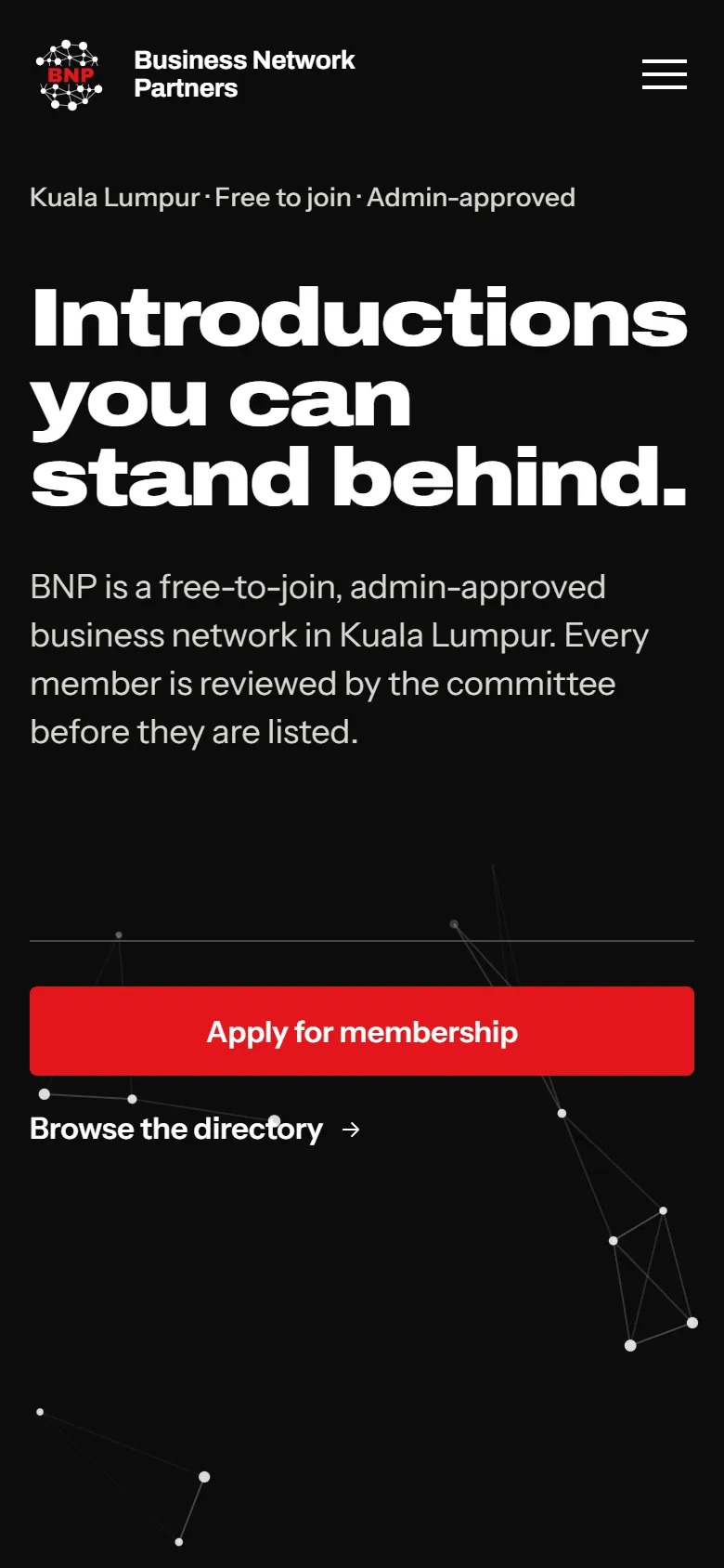 BNP home page on a phone, with the Apply for membership button.
