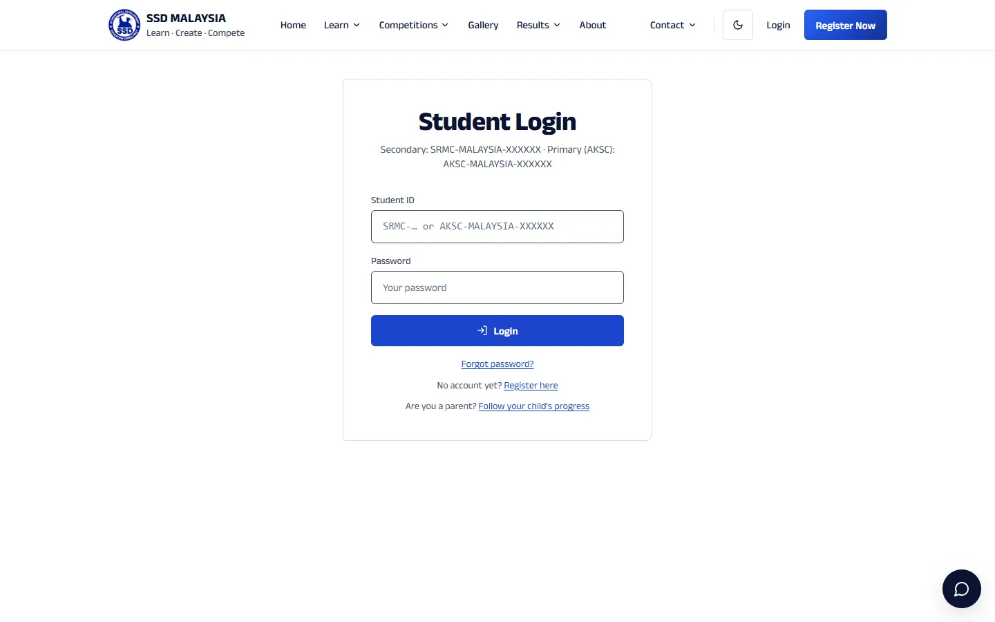 SSD Malaysia: the student login form with links for parents and new students.